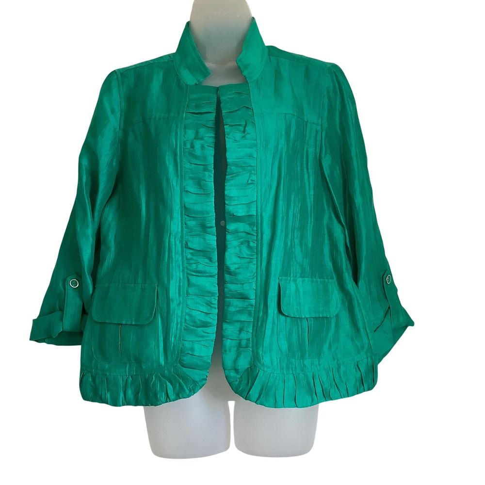 Chicos Emerald Green Ruffle Linen Blend Jacket Mandarin Collar 3/4 Sleeve Size 1